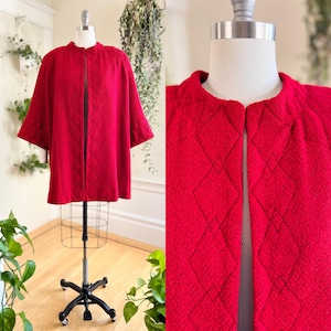 Vintage 1940s Swing Coat | 40s Deep Red Wool Diamond Top Stitch Boxy Wide Sleeve Volup Dressy Jacket | large/x-large