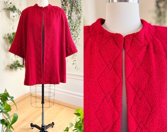 Vintage 1940s Swing Coat | 40s Deep Red Wool Diamond Top Stitch Boxy Wide Sleeve Volup Dressy Jacket | large/x-large