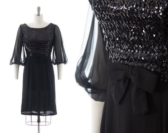 Vintage 1960s Party Dress | 60s Black Sequin Silk Chiffon Balloon Sleeve Sheath LBD Little Black Formal Cocktail Dress (medium)