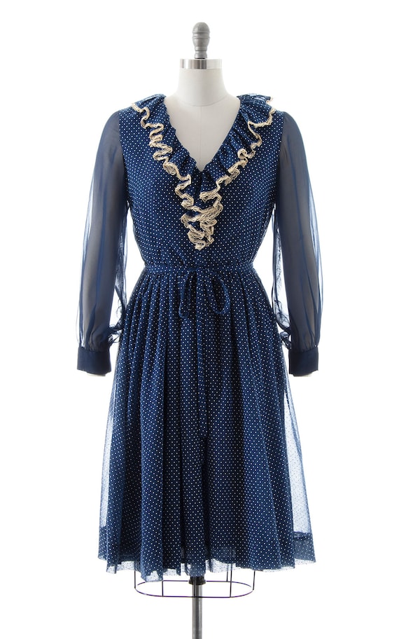 Vintage 1970s Dress | 70s Polka Dot Navy Blue Cot… - image 2