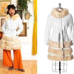 Vintage 1970s Princess Coat | 70s Shearling Fur Trim White Leather Belted Fit and Flare Almost Famous Winter Coat (x-small/small)