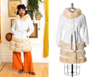 Vintage 1970s Princess Coat | 70s Shearling Fur Trim White Leather Belted Fit and Flare Almost Famous Winter Coat (x-small/small)