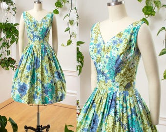 Vintage 1950s Sundress | 50s Floral Cotton Green Blue Fit and Flare Full Skirt Sleeveless Retro Tea Day Dress | x-small/small