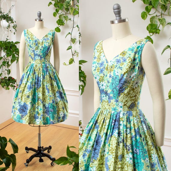 slim fit dress slacks Small 80s Does 50s Green Floral Fit & Flare Dress main image 0