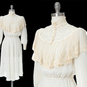Vintage 1970s Dress 70s does Victorian Lace High Collar Ruffled Fit and Flare Bishop Sleeve Sheer Cream Dress x-small/small/medium image 1
