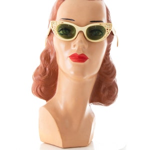 Vintage 1950s Cateye Sunglasses 50s COOL-RAY POLAROID Carved Cream Plastic Cat Eye Frames Glasses with Green Tinted Lenses image 2