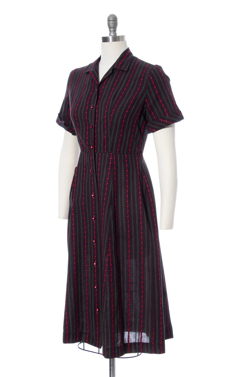 Vintage 1950s Shirt Dress 50s Striped Cotton Black Red Button Up Sheath Wiggle Dress with Pocket medium image 3