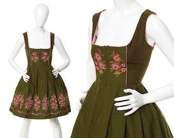 Vintage 1970s Dirndl Dress | 70s Floral Embroidered Cotton Olive Green Pink Traditional Oktoberfest Costume Fit and Flare Sundress (medium)