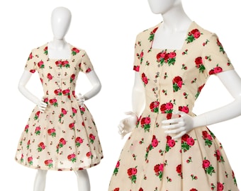 Vintage 1970s Shirt Dress | 70s does 1950s Rose Floral Printed Cream Fit and Flare Dirndl Full Skirt Shirtwaist Day Dress (medium/large)