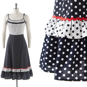 Vintage 1970s Sundress 70s does 1950s Polka Dot Color Black Cotton Tiered Spaghetti Strap Fit and Flare Day Dress small/medium image 1