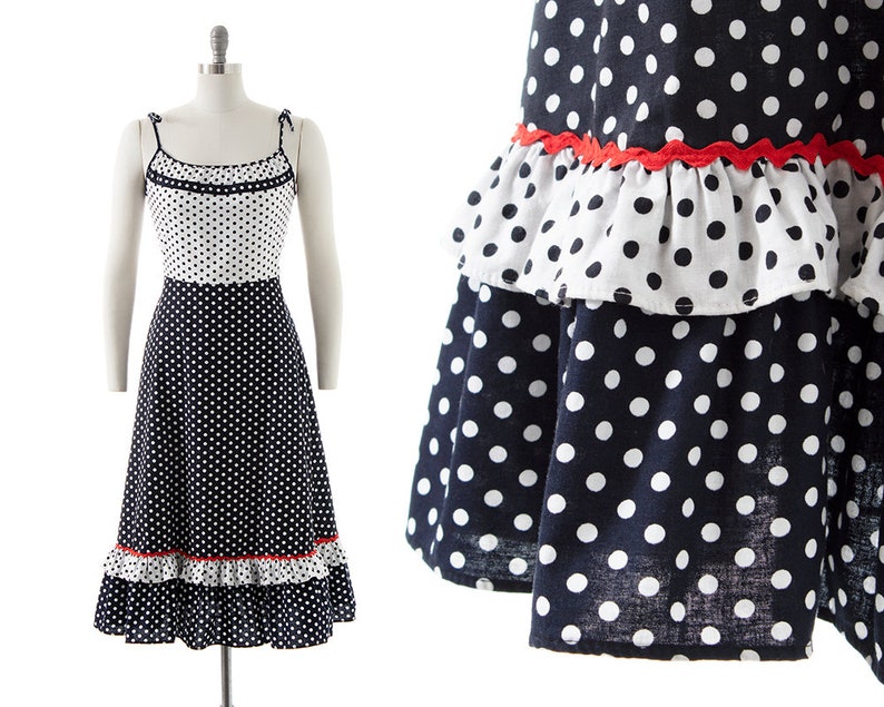 Vintage 1970s Sundress 70s does 1950s Polka Dot Color Black Cotton Tiered Spaghetti Strap Fit and Flare Day Dress small/medium image 1