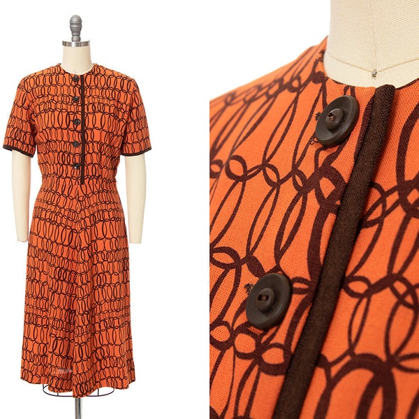 Vintage 1940s Shirt Dress | 40s Linen Novelty Print Geometric Orange Button Up Fit and Flare Shirtwaist Day Dress (small)