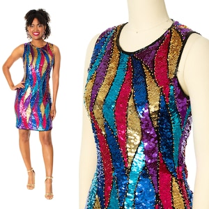 Vintage 1980s Party Dress | 80s Silk Sequin Beaded Geometric Abstract Harlequin Metallic Statement Wiggle Trophy NYE Barbie Gown (x-small)