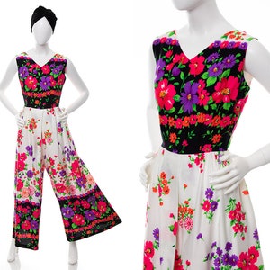 Vintage 1960s 1970s Palazzo Jumpsuit | 60s 70s Floral Border Print Barkcloth Wide Leg Hawaiian Tropical Psychedelic Neon Jumpsuit (small)