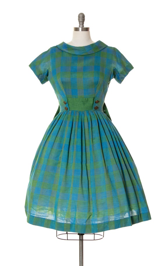 Vintage 1960s Dress | 60s Plaid Cotton Blend Gree… - image 2