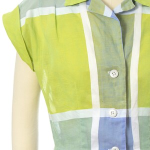 Vintage 1950s Sundress Set 50s Color Block Windowpane Plaid Sheer Cotton Voile Lime Green Blue Day Dress & Bolero Outfit small image 8