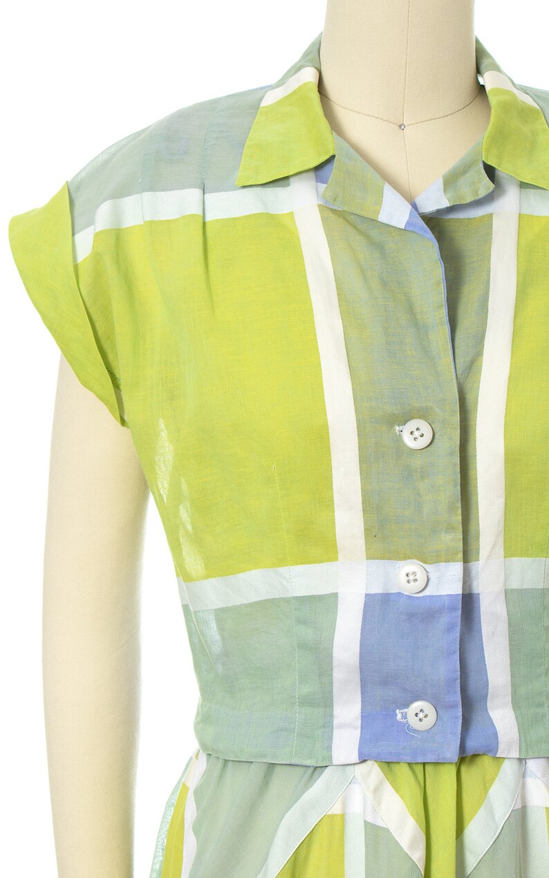 Vintage 1950s Sundress Set 50s Color Block Windowpane Plaid Sheer Cotton Voile Lime Green Blue Day Dress & Bolero Outfit small image 8