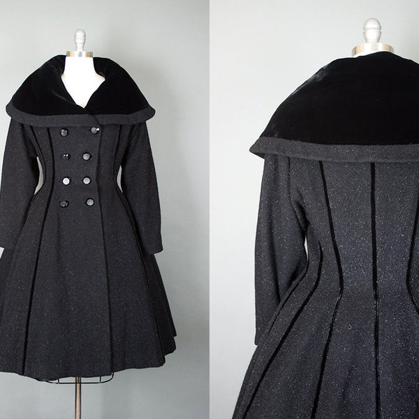 Vintage 50s Lilli Ann Princess Coat | 1950s Black Wool Mohair Velvet Wide Collar Long Winter Coat (medium) - FREE US SHIPPING
