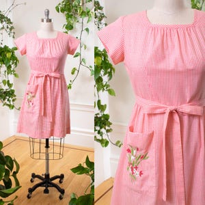 Vintage 1950s SWIRL Wrap Dress | 50s Floral Embroidered Gingham Pink Cotton Fit Flare Adjustable Summer Day Dress | medium/large