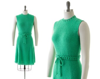 Vintage 1970s Sweater Dress | 70s ST JOHN KNITS Knit Wool Jade Kelly Green Belted Sleeveless Day Dress (small)