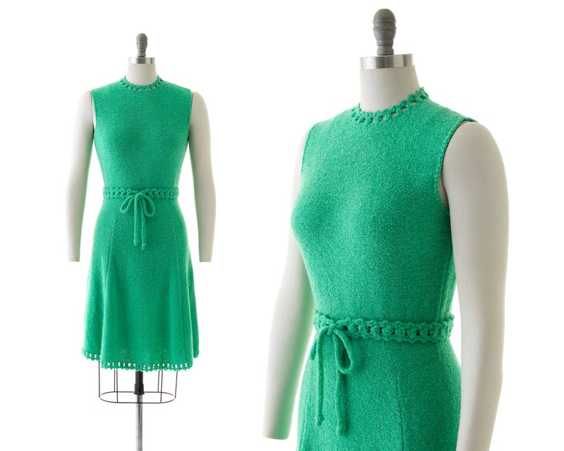 Vintage 1970s Sweater Dress 70s ST JOHN KNITS Knit Wool Jade Kelly Green Belted Sleeveless Day Dress small image 1