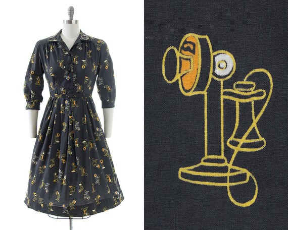 Vintage 1950s Shirt Dress | 50s Antique Telephone