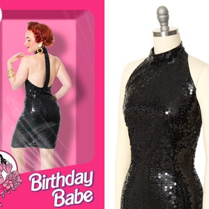Vintage 1980s Party Dress | 80s Shiny Black Sequin Open Strappy Back Halter Wiggle Stretchy Evening Cocktail Dress (small/medium/large)