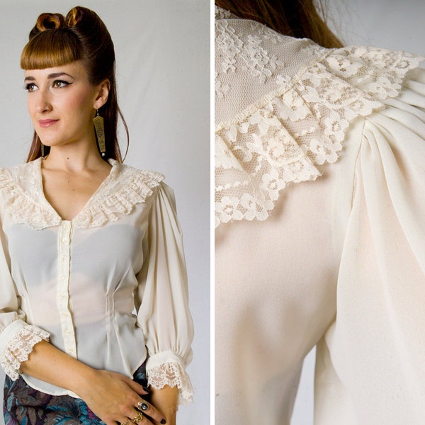 Vintage 1970s 1980s Romantic Sheer Cream Blouse w/ Lace Collar & Cuffs // 70s 80s Victorian Button Up Ruffled Poet Sleeves (M L)