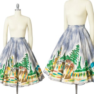 Vintage 1950s Skirt | 50s Mexican Sequin Novelty Border Print Cotton Hand Painted Souvenir Tourist Skirt (x-small)