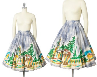 Vintage 1950s Skirt | 50s Mexican Sequin Novelty Border Print Cotton Hand Painted Souvenir Tourist Skirt (x-small)