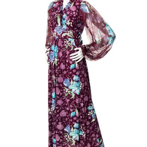 Vintage 1970s Maxi Dress 70s Floral Purple Sheer Bishop Balloon Sleeve Empire Waist Fit and Flare Boho Day Dress x-small image 3