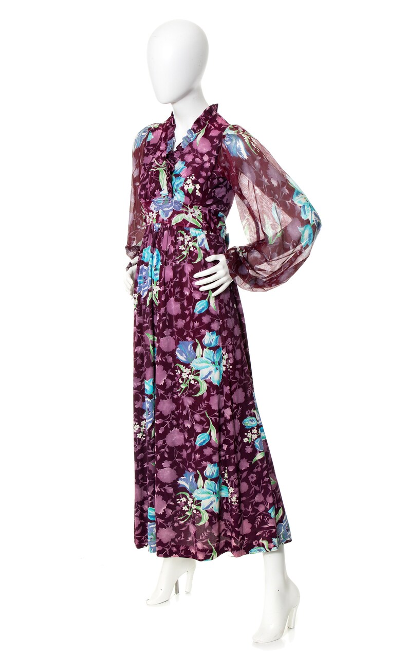 Vintage 1970s Maxi Dress 70s Floral Purple Sheer Bishop Balloon Sleeve Empire Waist Fit and Flare Boho Day Dress x-small image 3