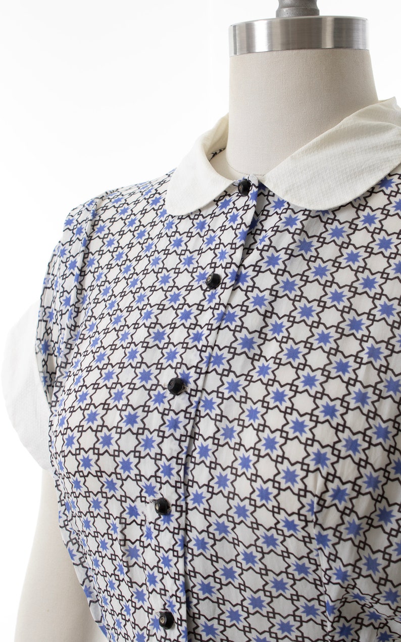 Vintage 1940s Shirt Dress 40s Cold Rayon Geometric Medallion Printed Peter Pan Collar Fit & Flare Shirtwaist Blue White Day Dress medium image 6
