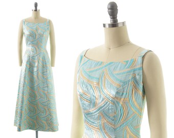 Vintage 1960s Party Dress | 60s Metallic Geometric Brocade Blue Gold Full Length Formal Gown (x-small/small)