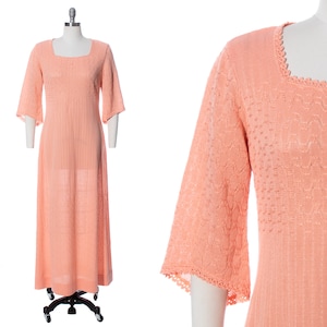 Vintage 1970s Knit Maxi Dress | 70s Peach Pink Knit Acrylic Full Length Minimalist Sweater Dress (medium)