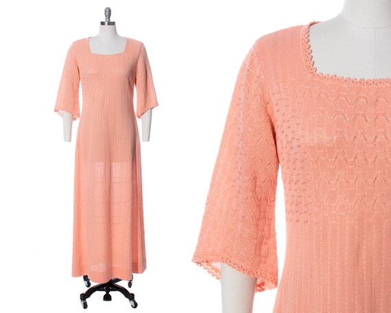 Vintage 1970s Knit Maxi Dress | 70s Peach Pink Kn… - image 1