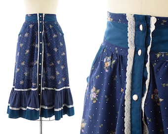 Vintage 1970s Skirt | 70s Gunne Sax Style Floral Polka Dot Printed Navy Blue Cotton Prairie Boho Tiered Full Folk Skirt (x-small/small)