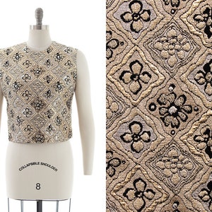 Vintage 1960s Shell Top | 60s Metallic Floral Harlequin Geometric Gold Silver Black Sleeveless Holiday Party Formal Blouse (small/medium)