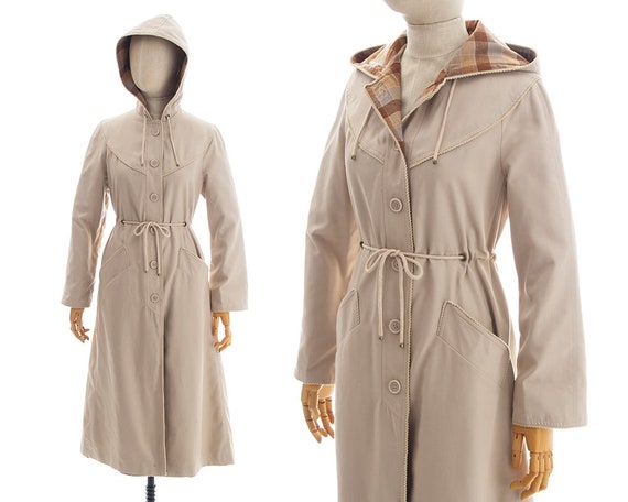 Vintage 1970s Hooded Trench Coat | 70s Plaid Flann