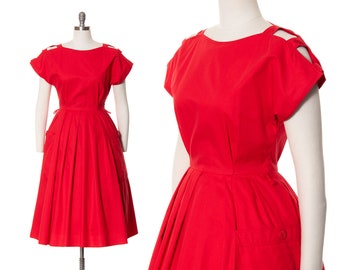 Vestido vintage de los años 80/años 80 y 50 de algodón rojo con aberturas en los hombros, corte en forma de jaula, bolsillos grandes gigantes, falda amplia, vestido de día (pequeño)