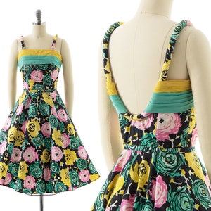 Vintage 1950s Sundress | 50s Rose Floral Printed Cotton Corded Straps Pleated Fit and Flare Full Skirt Open Back Day Dress (small)