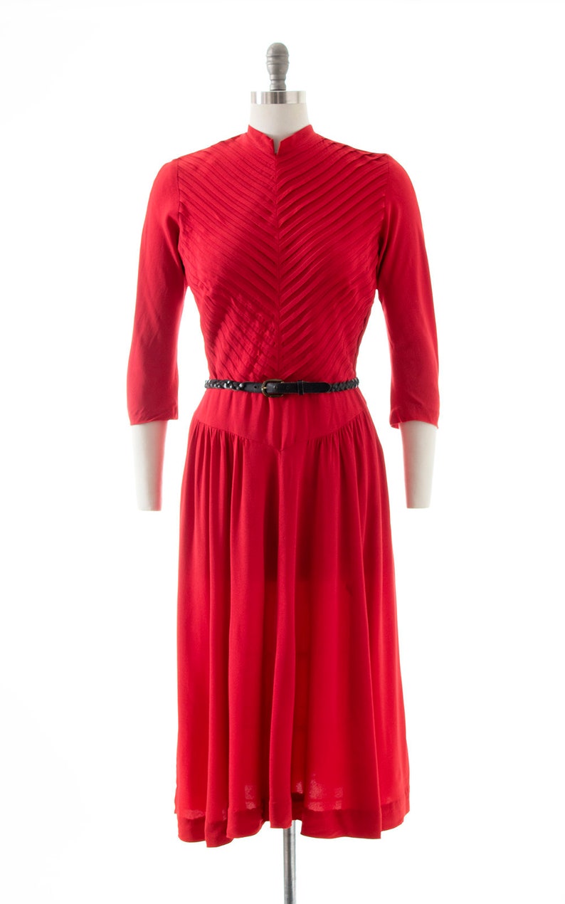 Vintage 1940s Dress 40s Red Rayon Pleated Fit and Flare Full Skirt Holiday Evening Cocktail Formal Dress medium image 2