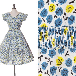 Vintage 1950s Dress | 50s Tiny Rose Floral Printed Cotton White Fit and Flare Swing Day Dress with Pockets (small)