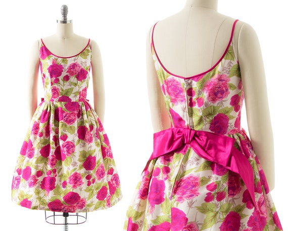 Vintage 1960s Dress | 60s Pink Rose Floral Printe… - image 1