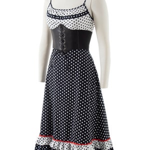 Vintage 1970s Sundress 70s does 1950s Polka Dot Color Black Cotton Tiered Spaghetti Strap Fit and Flare Day Dress small/medium image 2