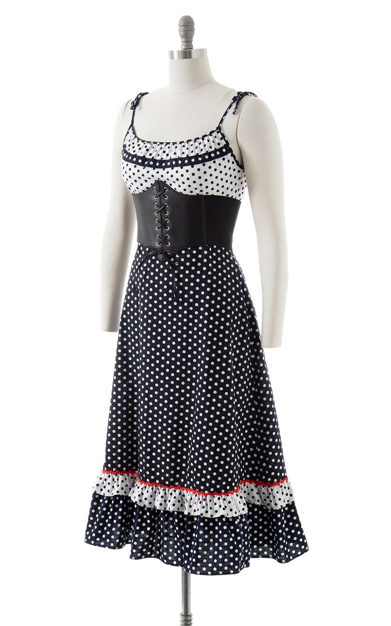 Vintage 1970s Sundress 70s does 1950s Polka Dot Color Black Cotton Tiered Spaghetti Strap Fit and Flare Day Dress small/medium image 2