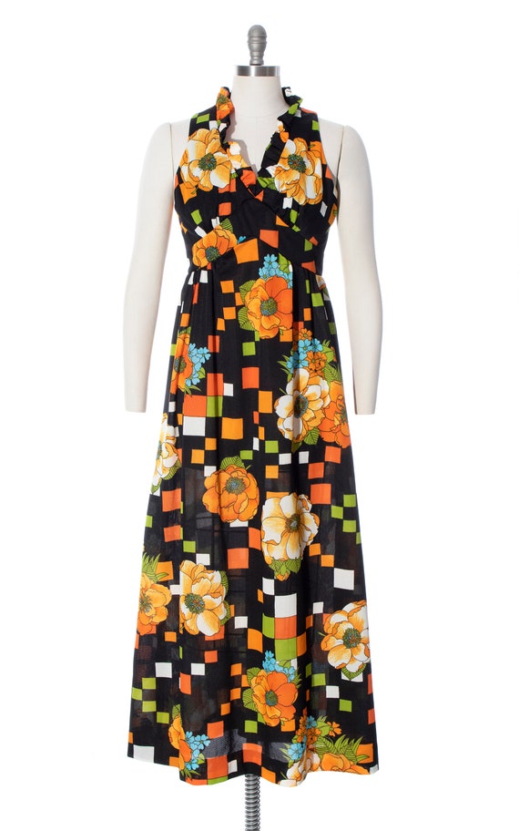 Vintage 1970s Maxi Dress | 70s Poppy Floral Geome… - image 2