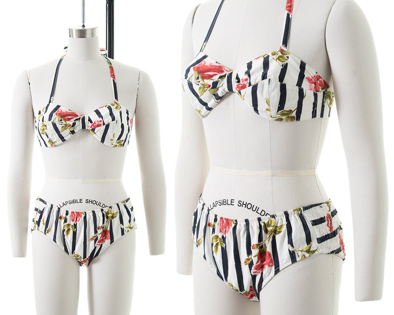 Vintage 1950s Bikini 50s Rose Floral Striped Printed Cotton Halter Bandeau Low Rise Smocked Swimsuit xs/small image 1