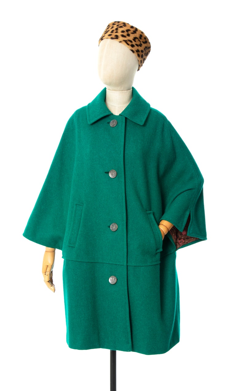 Vintage 1970s Cape Coat | 70s Austrian Wool Mohair Green Teal Winter Overcoat (medium/large) image 2