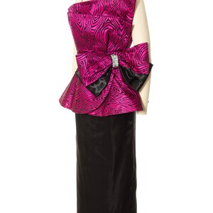 Vintage 1980s Gown 80s Flocked Hot Pink Purple Big Bow Party Dress Avant Garde Couture Formal Prom Barbie Dress x-small/small image 4